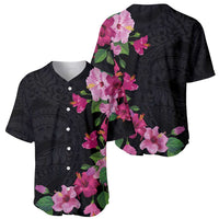 Hawaiian Hibiscus and Art Polynesian Tattoo Baseball Jersey Black Color