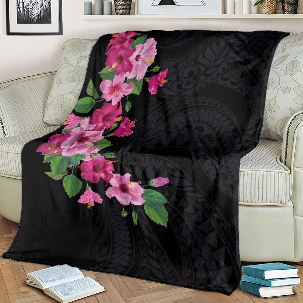 Hawaiian Hibiscus and Art Polynesian Tattoo Blanket Black Color