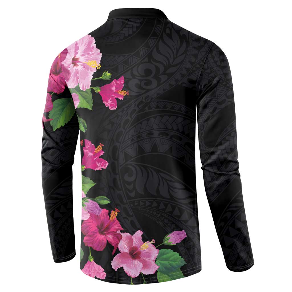 Hawaiian Hibiscus and Art Polynesian Tattoo Button Sweatshirt Black Color LT03 - Polynesian Pride