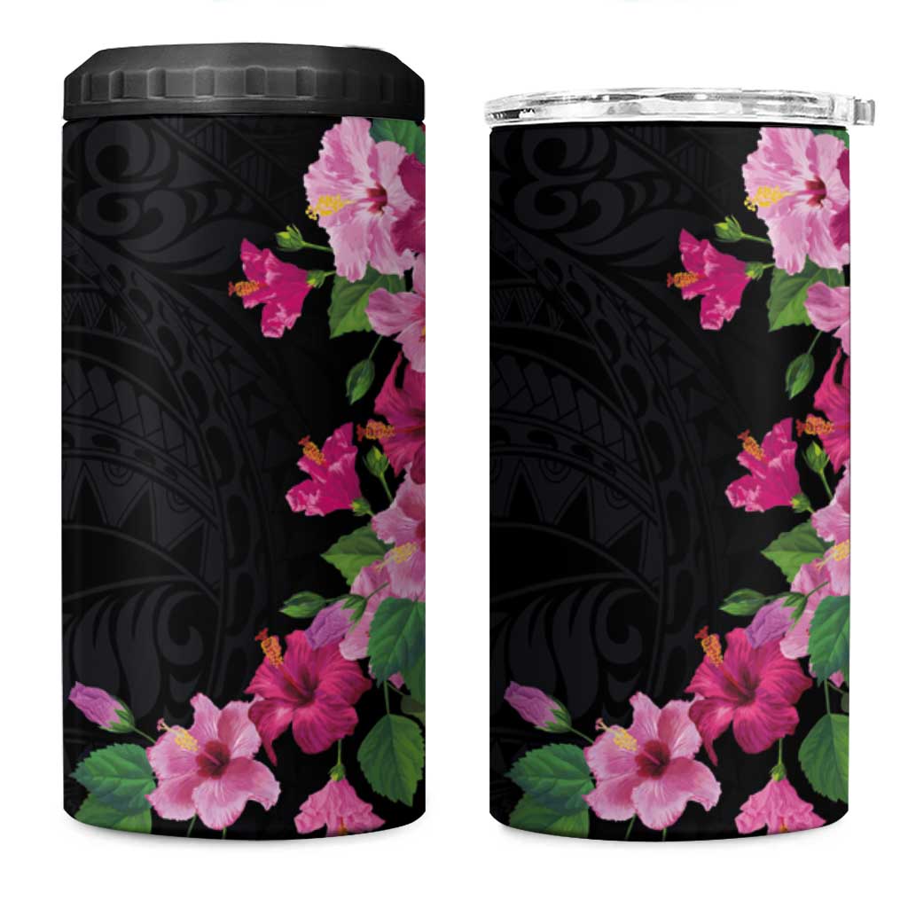 Hawaiian Hibiscus and Art Polynesian Tattoo 4 in 1 Can Cooler Tumbler Black Color