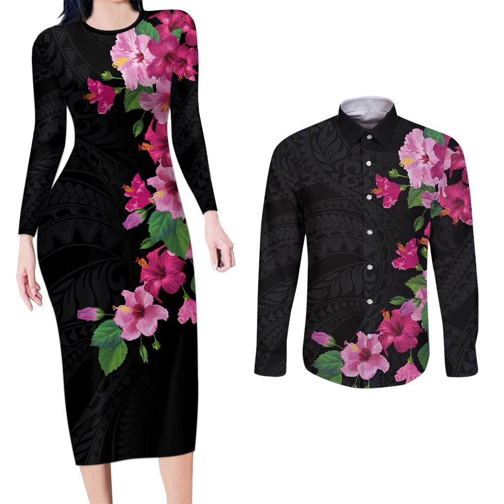 Hawaiian Hibiscus and Art Polynesian Tattoo Couples Matching Long Sleeve Bodycon Dress and Long Sleeve Button Shirt Black Color LT03 Black - Polynesian Pride