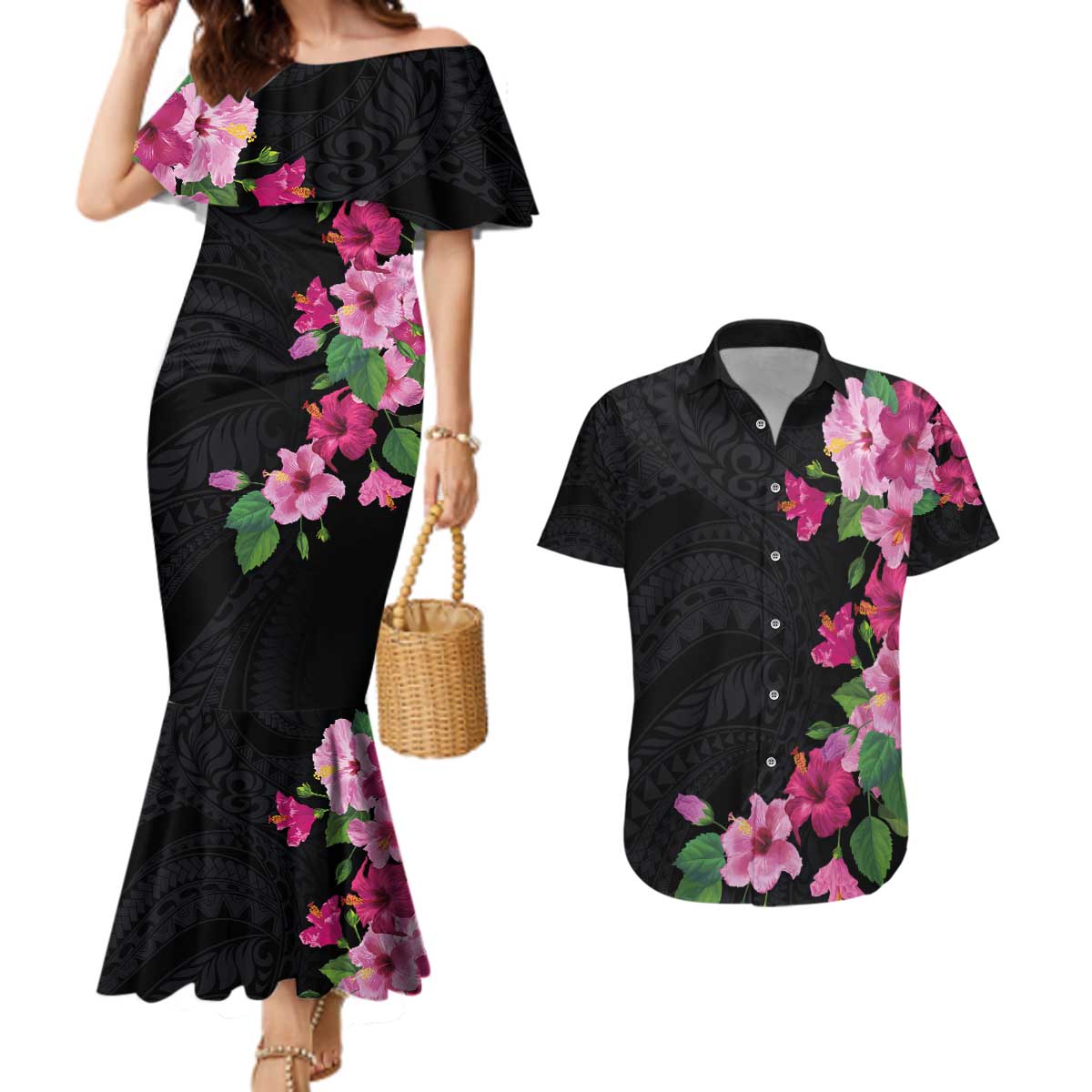 Hawaiian Hibiscus and Art Polynesian Tattoo Couples Matching Mermaid Dress and Hawaiian Shirt Black Color LT03 Black - Polynesian Pride