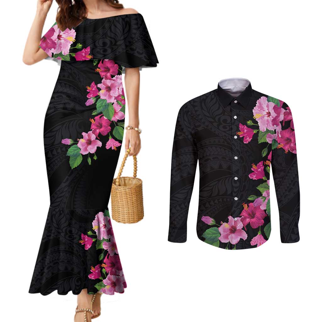 Hawaiian Hibiscus and Art Polynesian Tattoo Couples Matching Mermaid Dress and Long Sleeve Button Shirt Black Color LT03 Black - Polynesian Pride