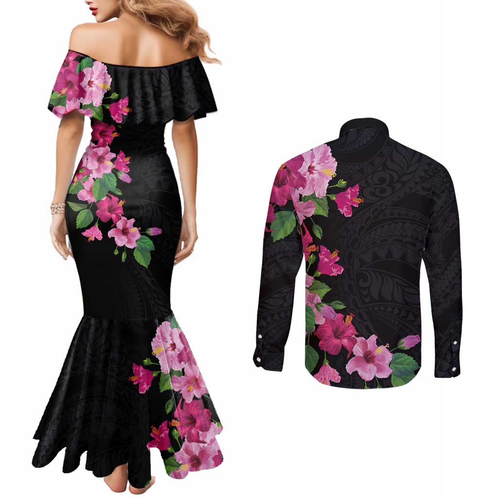 Hawaiian Hibiscus and Art Polynesian Tattoo Couples Matching Mermaid Dress and Long Sleeve Button Shirt Black Color LT03 - Polynesian Pride