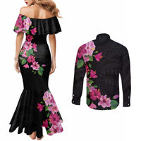 Hawaiian Hibiscus and Art Polynesian Tattoo Couples Matching Mermaid Dress and Long Sleeve Button Shirt Black Color LT03 - Polynesian Pride