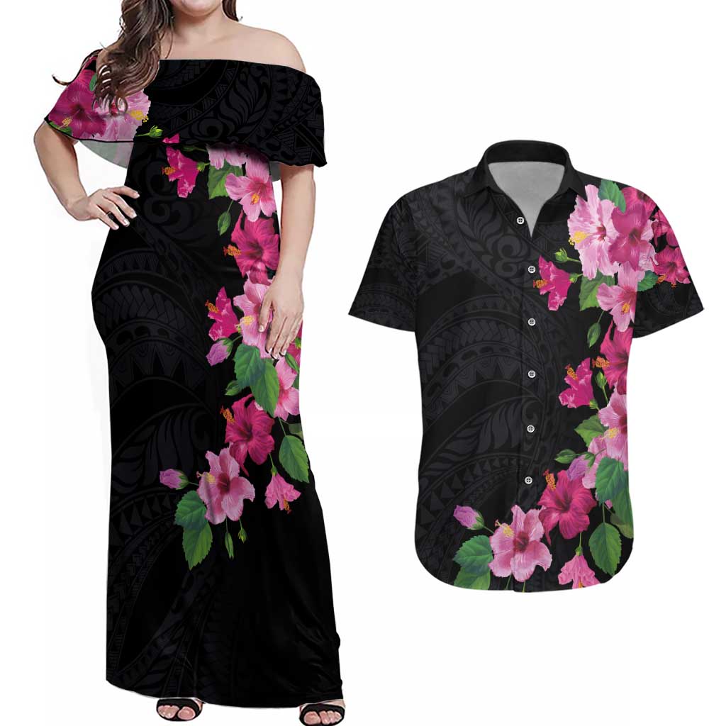Hawaiian Hibiscus and Art Polynesian Tattoo Couples Matching Off Shoulder Maxi Dress and Hawaiian Shirt Black Color LT03 Black - Polynesian Pride