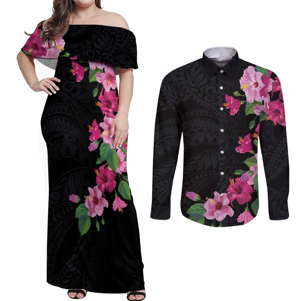 Hawaiian Hibiscus and Art Polynesian Tattoo Couples Matching Off Shoulder Maxi Dress and Long Sleeve Button Shirt Black Color LT03 Black - Polynesian Pride
