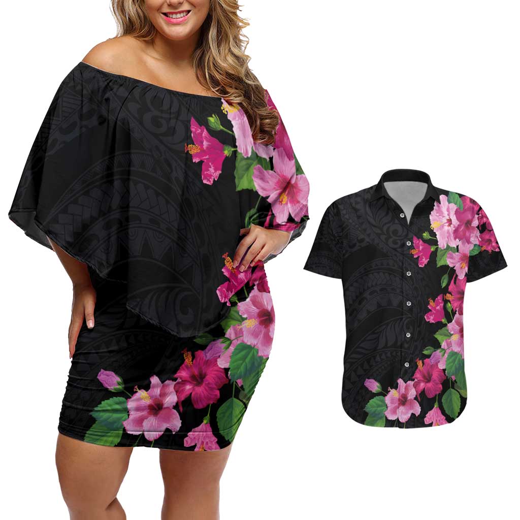 Hawaiian Hibiscus and Art Polynesian Tattoo Couples Matching Off Shoulder Short Dress and Hawaiian Shirt Black Color LT03 Black - Polynesian Pride