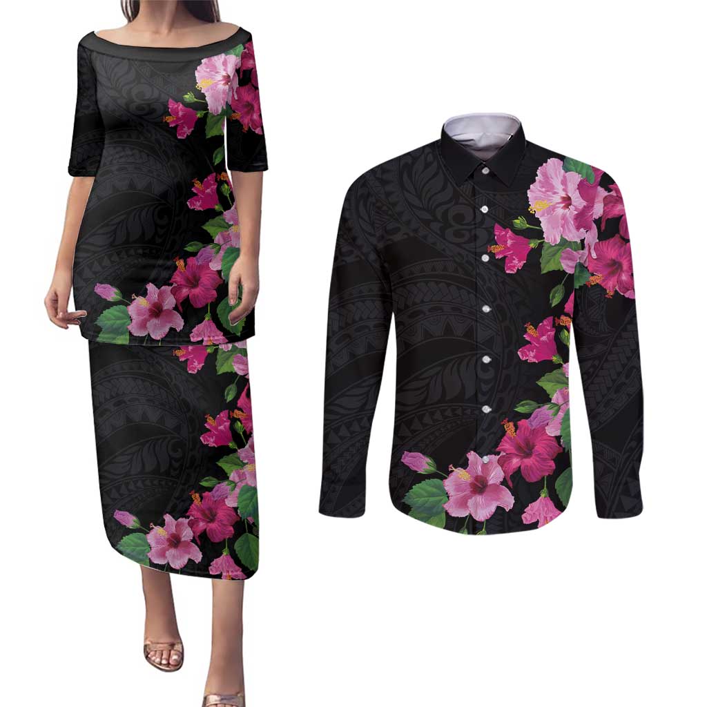 Hawaiian Hibiscus and Art Polynesian Tattoo Couples Matching Puletasi and Long Sleeve Button Shirt Black Color