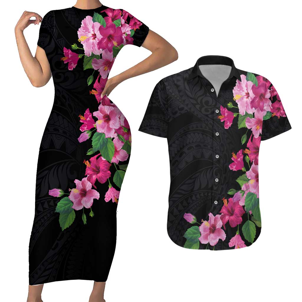 Hawaiian Hibiscus and Art Polynesian Tattoo Couples Matching Short Sleeve Bodycon Dress and Hawaiian Shirt Black Color LT03 Black - Polynesian Pride