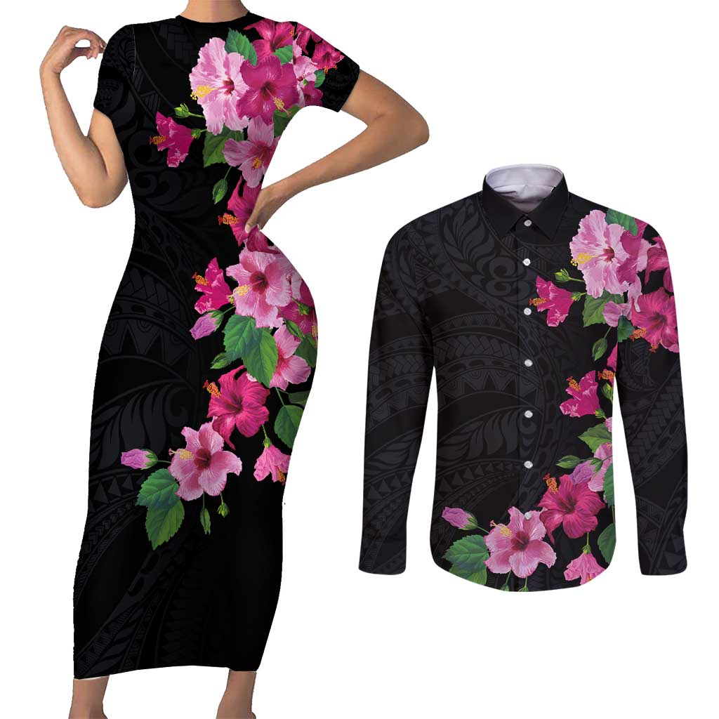 Hawaiian Hibiscus and Art Polynesian Tattoo Couples Matching Short Sleeve Bodycon Dress and Long Sleeve Button Shirt Black Color LT03 Black - Polynesian Pride