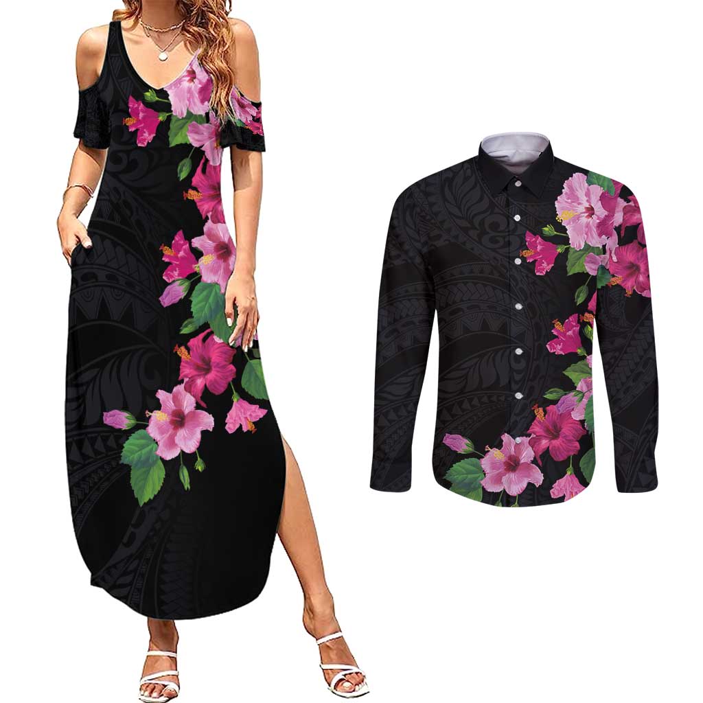 Hawaiian Hibiscus and Art Polynesian Tattoo Couples Matching Summer Maxi Dress and Long Sleeve Button Shirt Black Color LT03 Black - Polynesian Pride