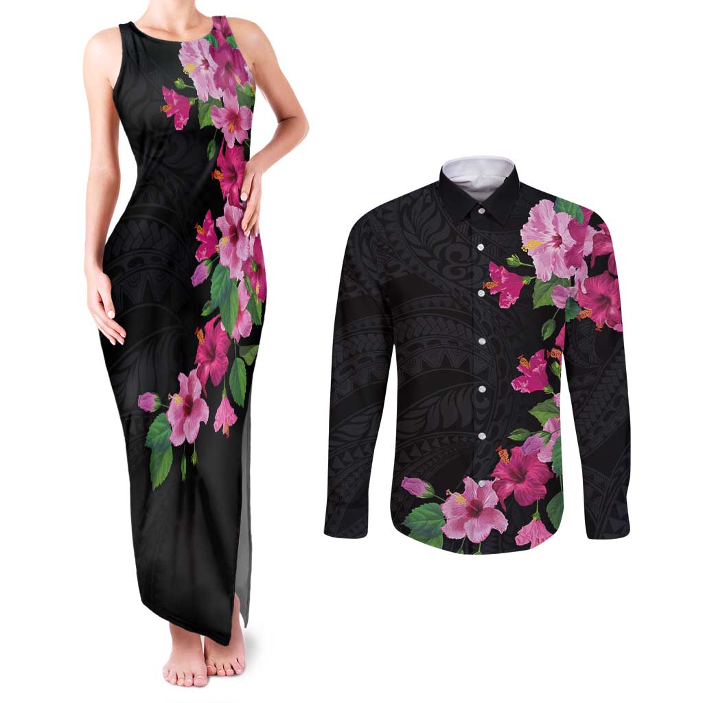 Hawaiian Hibiscus and Art Polynesian Tattoo Couples Matching Tank Maxi Dress and Long Sleeve Button Shirt Black Color LT03 Black - Polynesian Pride