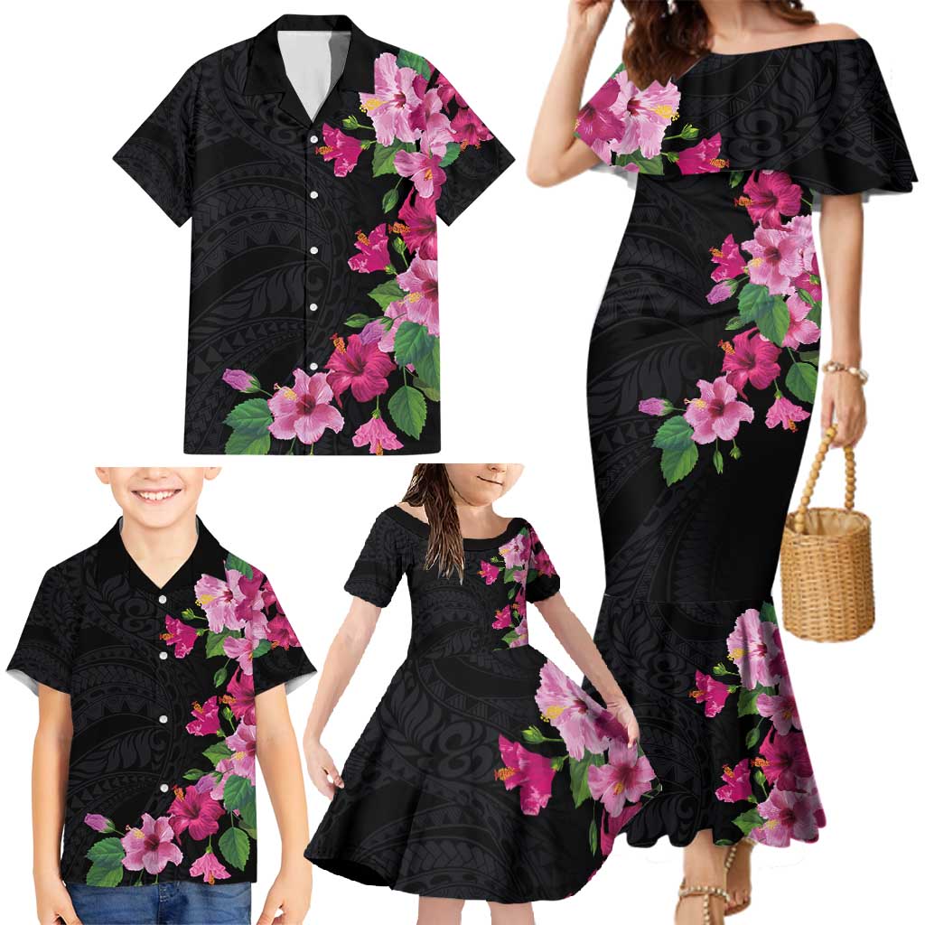 Hawaiian Hibiscus and Art Polynesian Tattoo Family Matching Mermaid Dress and Hawaiian Shirt Black Color