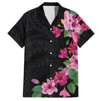 Hawaiian Hibiscus and Art Polynesian Tattoo Family Matching Off Shoulder Short Dress and Hawaiian Shirt Black Color LT03 Dad's Shirt - Short Sleeve Black - Polynesian Pride