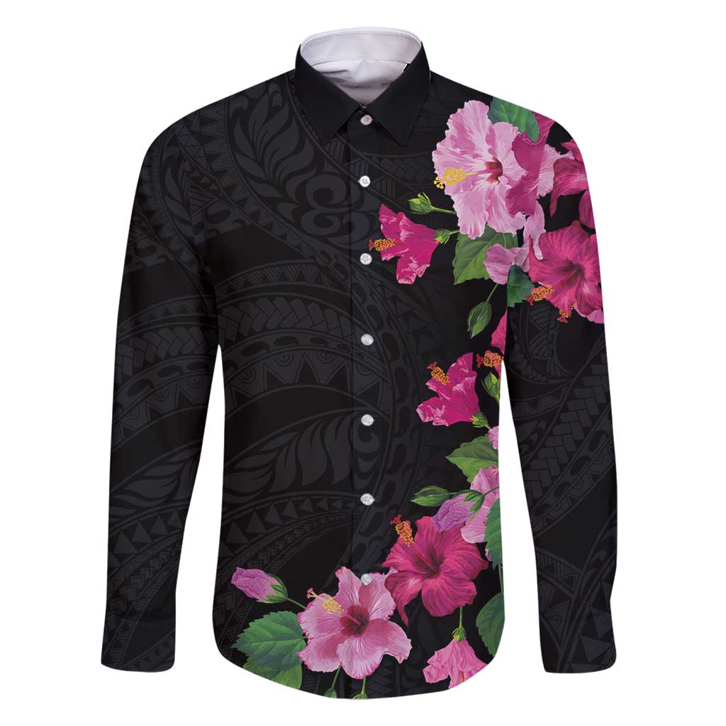 Hawaiian Hibiscus and Art Polynesian Tattoo Family Matching Off Shoulder Short Dress and Hawaiian Shirt Black Color LT03 Dad's Shirt - Long Sleeve Black - Polynesian Pride