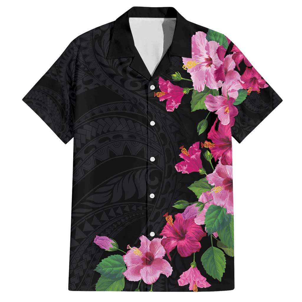 Hawaiian Hibiscus and Art Polynesian Tattoo Family Matching Puletasi and Hawaiian Shirt Black Color