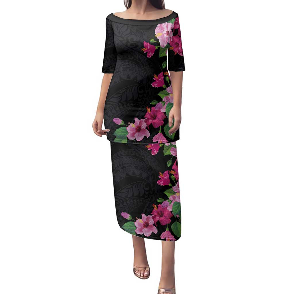 Hawaiian Hibiscus and Art Polynesian Tattoo Family Matching Puletasi and Hawaiian Shirt Black Color