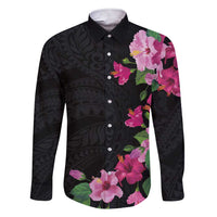 Hawaiian Hibiscus and Art Polynesian Tattoo Family Matching Short Sleeve Bodycon Dress and Hawaiian Shirt Black Color LT03 Dad's Shirt - Long Sleeve Black - Polynesian Pride