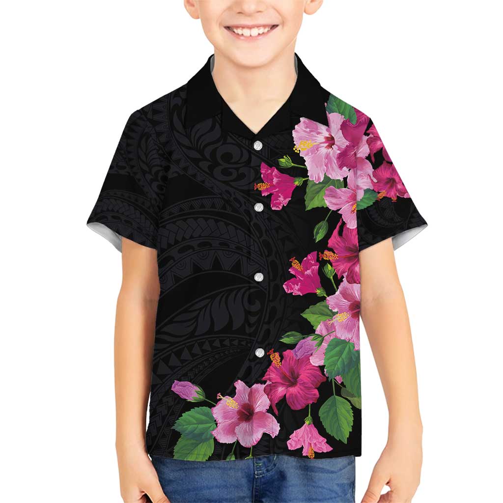 Hawaiian Hibiscus and Art Polynesian Tattoo Family Matching Tank Maxi Dress and Hawaiian Shirt Black Color