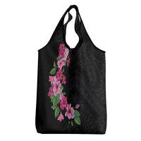 Hawaiian Hibiscus and Art Polynesian Tattoo Grocery Bag Black Color