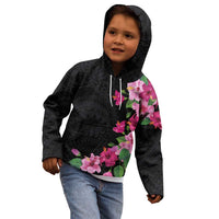 Hawaiian Hibiscus and Art Polynesian Tattoo Kid Hoodie Black Color