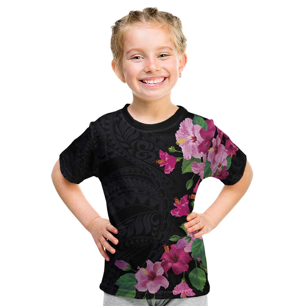 Hawaiian Hibiscus and Art Polynesian Tattoo Kid T Shirt Black Color LT03 Black - Polynesian Pride