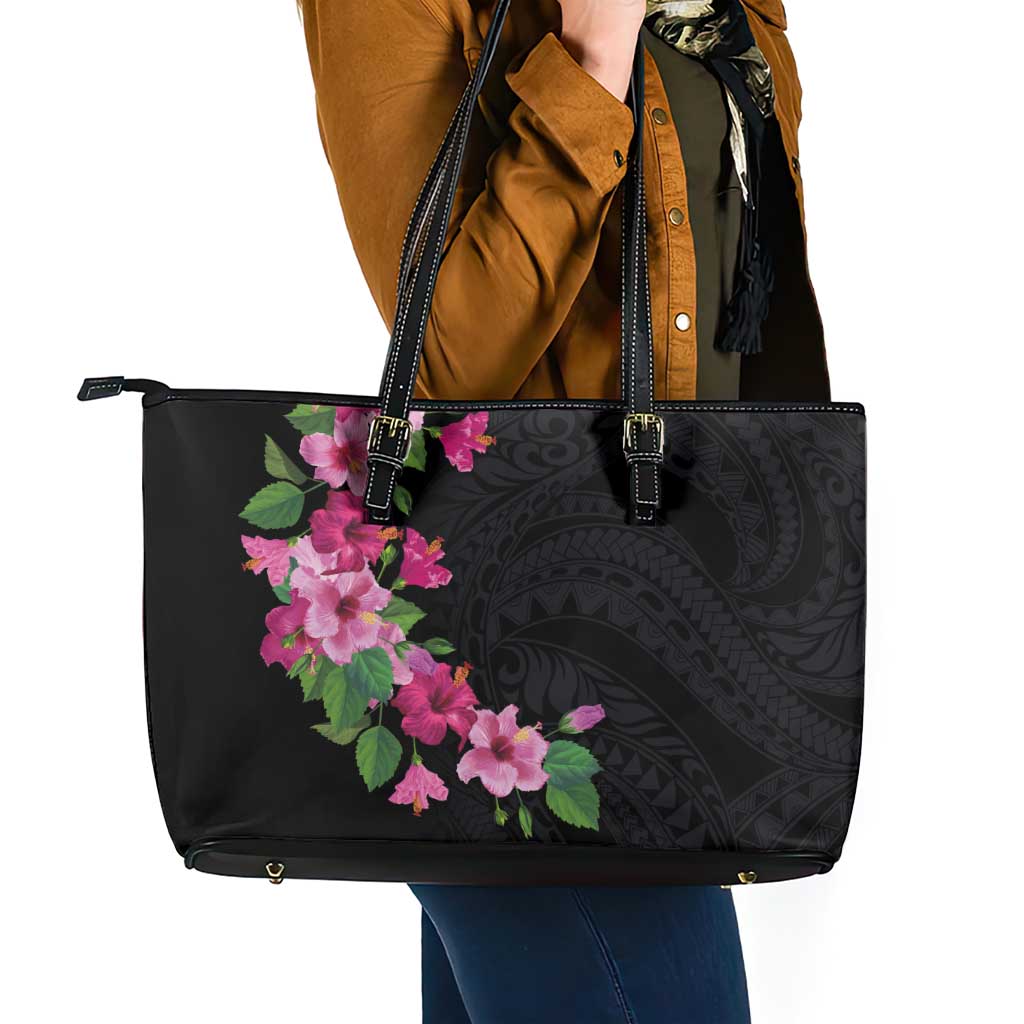 Hawaiian Hibiscus and Art Polynesian Tattoo Leather Tote Bag Black Color LT03 - Polynesian Pride