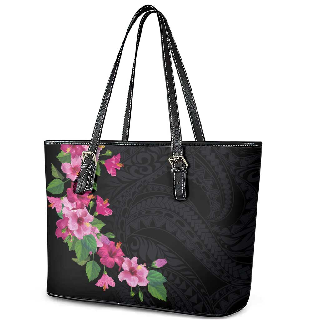 Hawaiian Hibiscus and Art Polynesian Tattoo Leather Tote Bag Black Color LT03 - Polynesian Pride