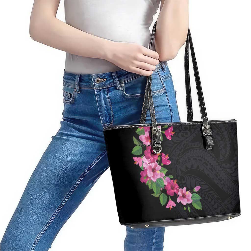 Hawaiian Hibiscus and Art Polynesian Tattoo Leather Tote Bag Black Color LT03 - Polynesian Pride