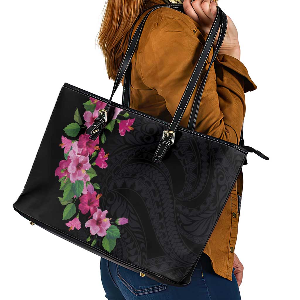 Hawaiian Hibiscus and Art Polynesian Tattoo Leather Tote Bag Black Color LT03 - Polynesian Pride