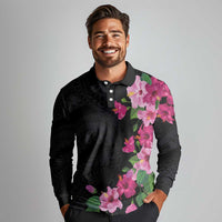 Hawaiian Hibiscus and Art Polynesian Tattoo Long Sleeve Polo Shirt Black Color