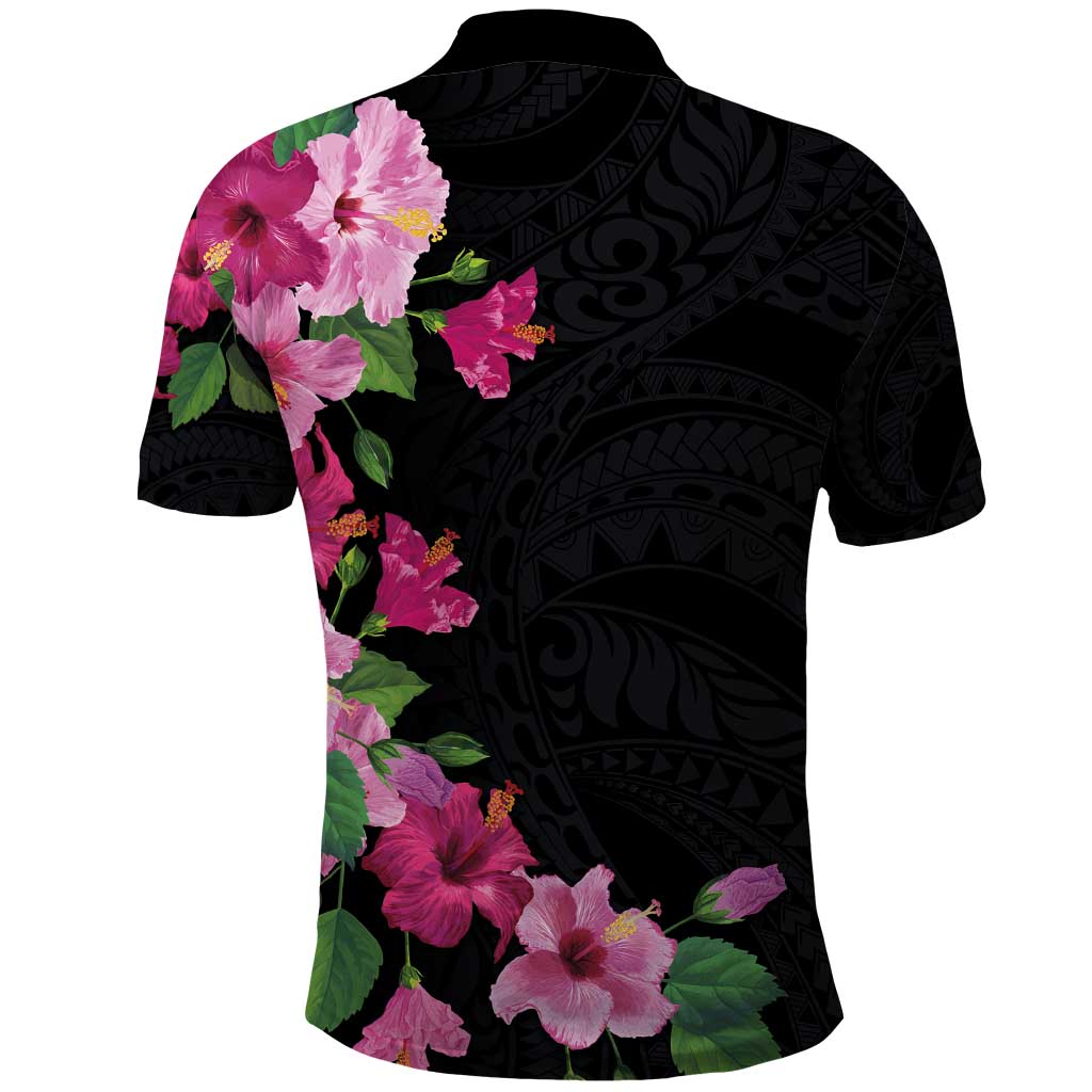 Hawaiian Hibiscus and Art Polynesian Tattoo Polo Shirt Black Color