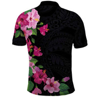 Hawaiian Hibiscus and Art Polynesian Tattoo Polo Shirt Black Color