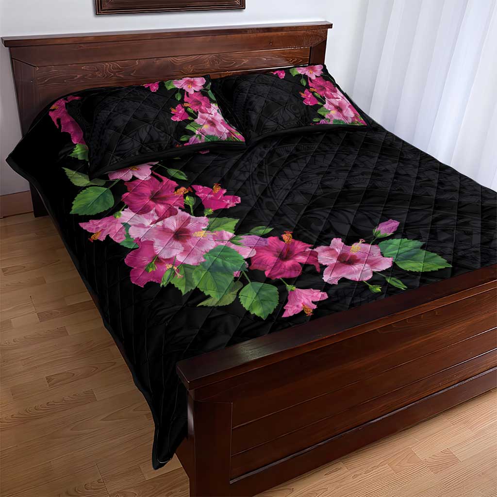 Hawaiian Hibiscus and Art Polynesian Tattoo Quilt Bed Set Black Color