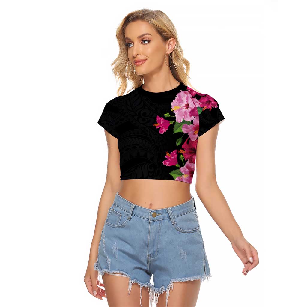 Hawaiian Hibiscus and Art Polynesian Tattoo Raglan Cropped T Shirt Black Color LT03 Female Black - Polynesian Pride