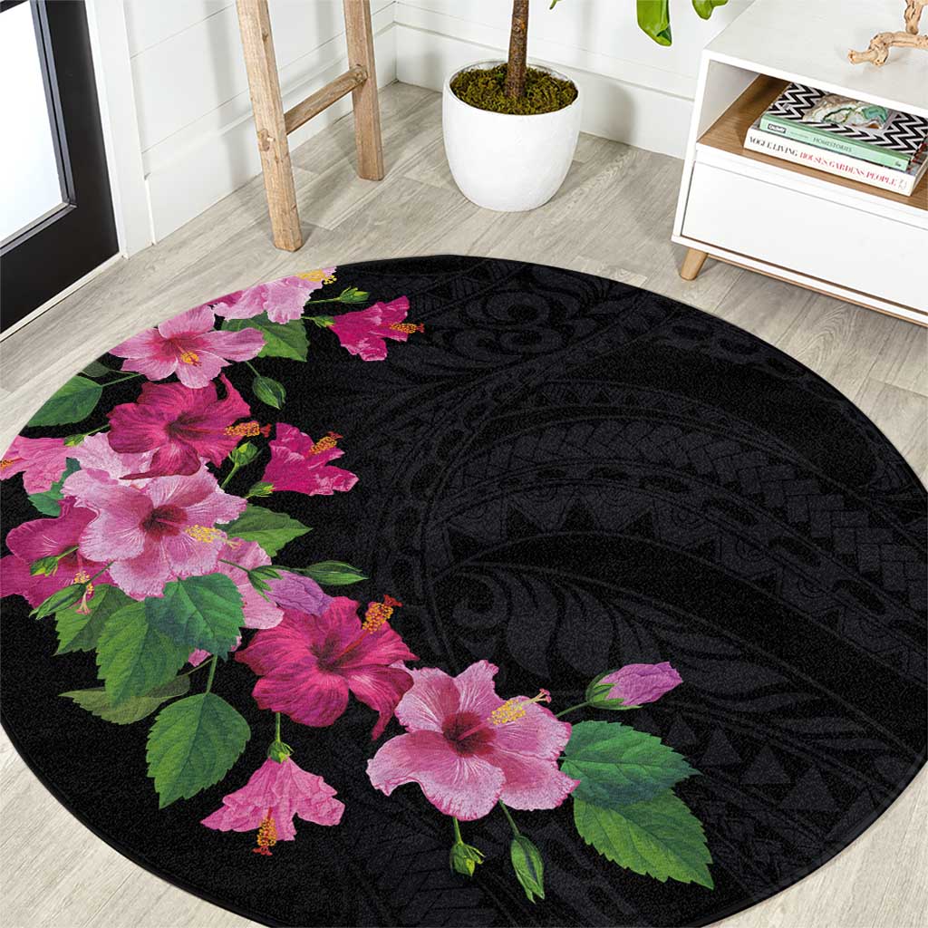 Hawaiian Hibiscus and Art Polynesian Tattoo Round Carpet Black Color LT03 Black - Polynesian Pride