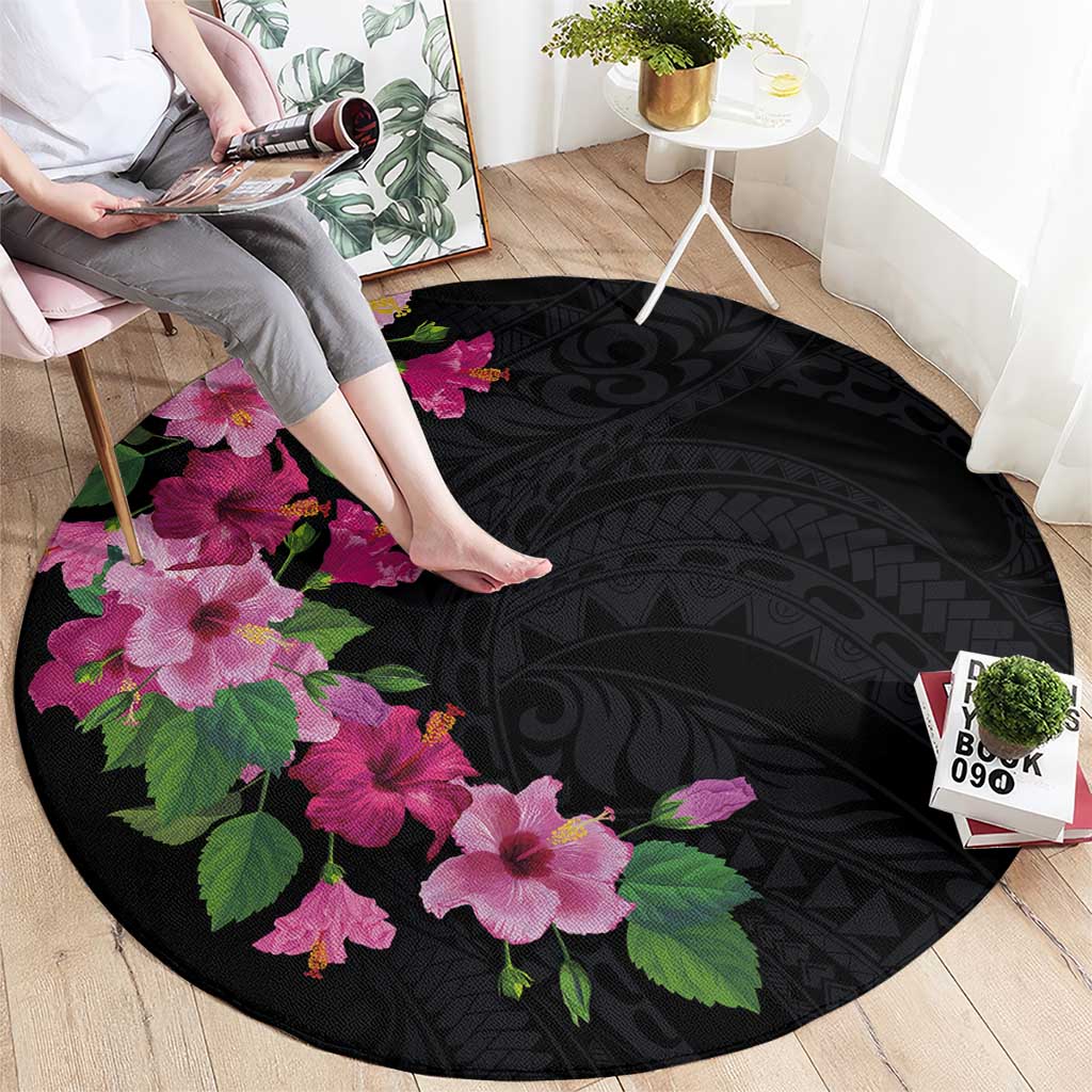Hawaiian Hibiscus and Art Polynesian Tattoo Round Carpet Black Color LT03 - Polynesian Pride