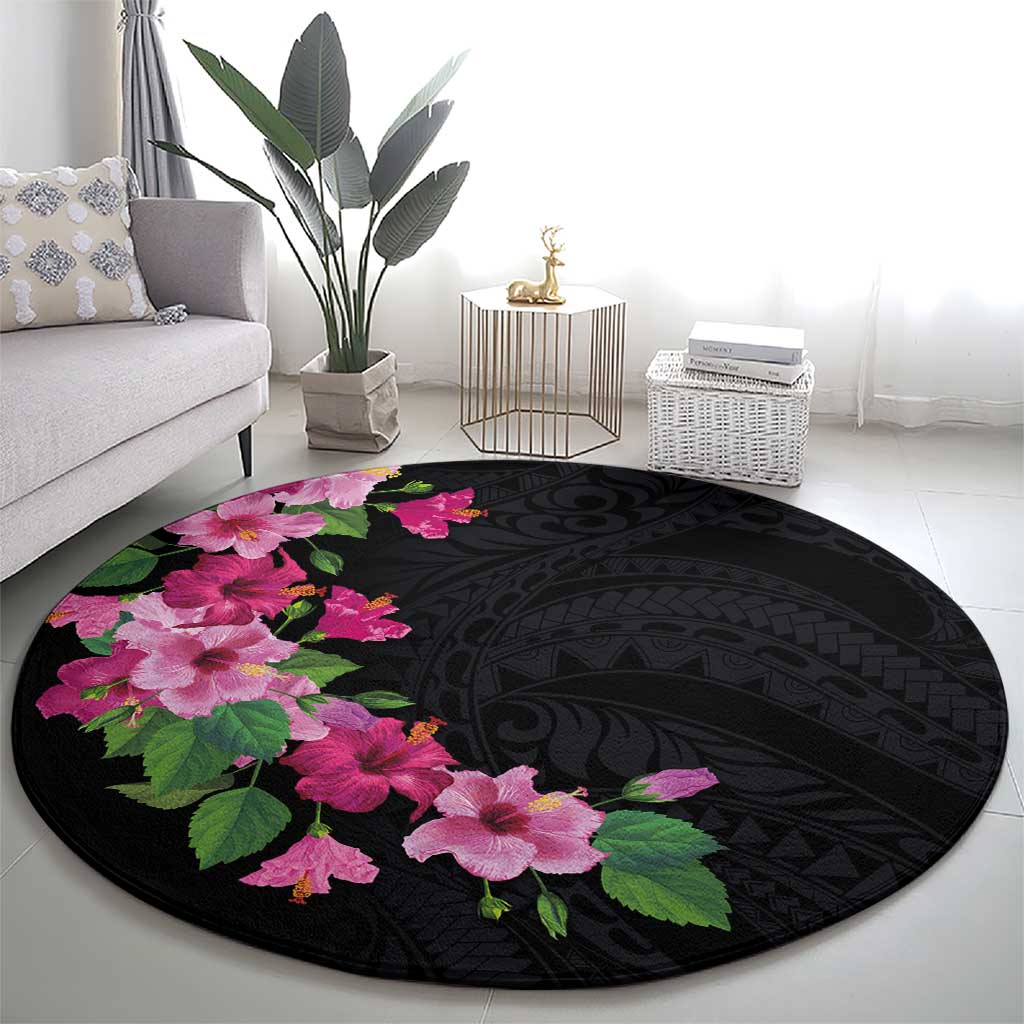 Hawaiian Hibiscus and Art Polynesian Tattoo Round Carpet Black Color LT03 - Polynesian Pride