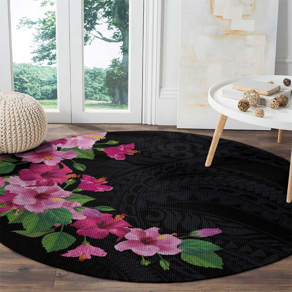 Hawaiian Hibiscus and Art Polynesian Tattoo Round Carpet Black Color LT03 - Polynesian Pride