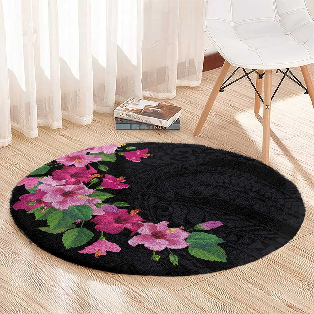 Hawaiian Hibiscus and Art Polynesian Tattoo Round Carpet Black Color LT03 - Polynesian Pride