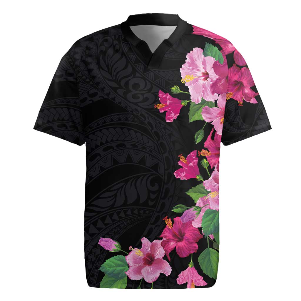 Hawaiian Hibiscus and Art Polynesian Tattoo Rugby Jersey Black Color LT03 Black - Polynesian Pride