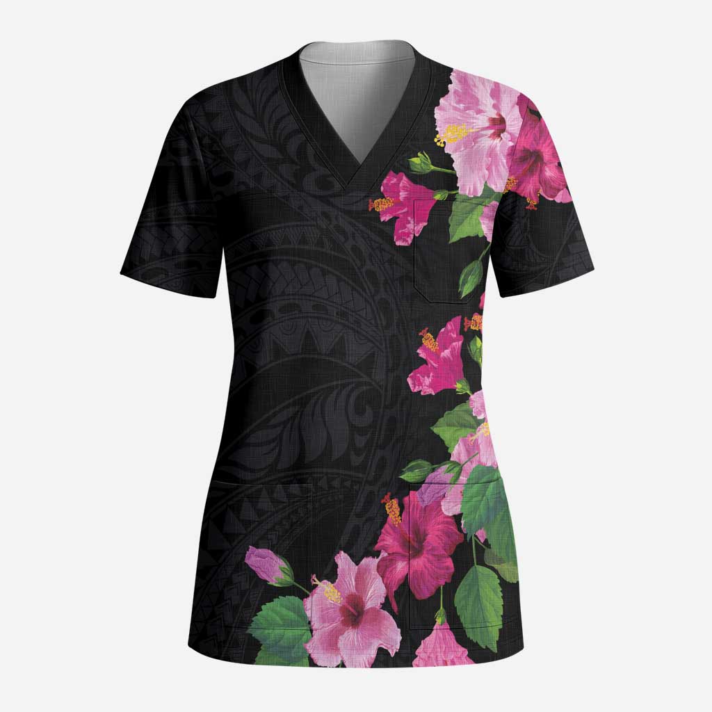 Hawaiian Hibiscus and Art Polynesian Tattoo Scrub Top Black Color - Polynesian Pride