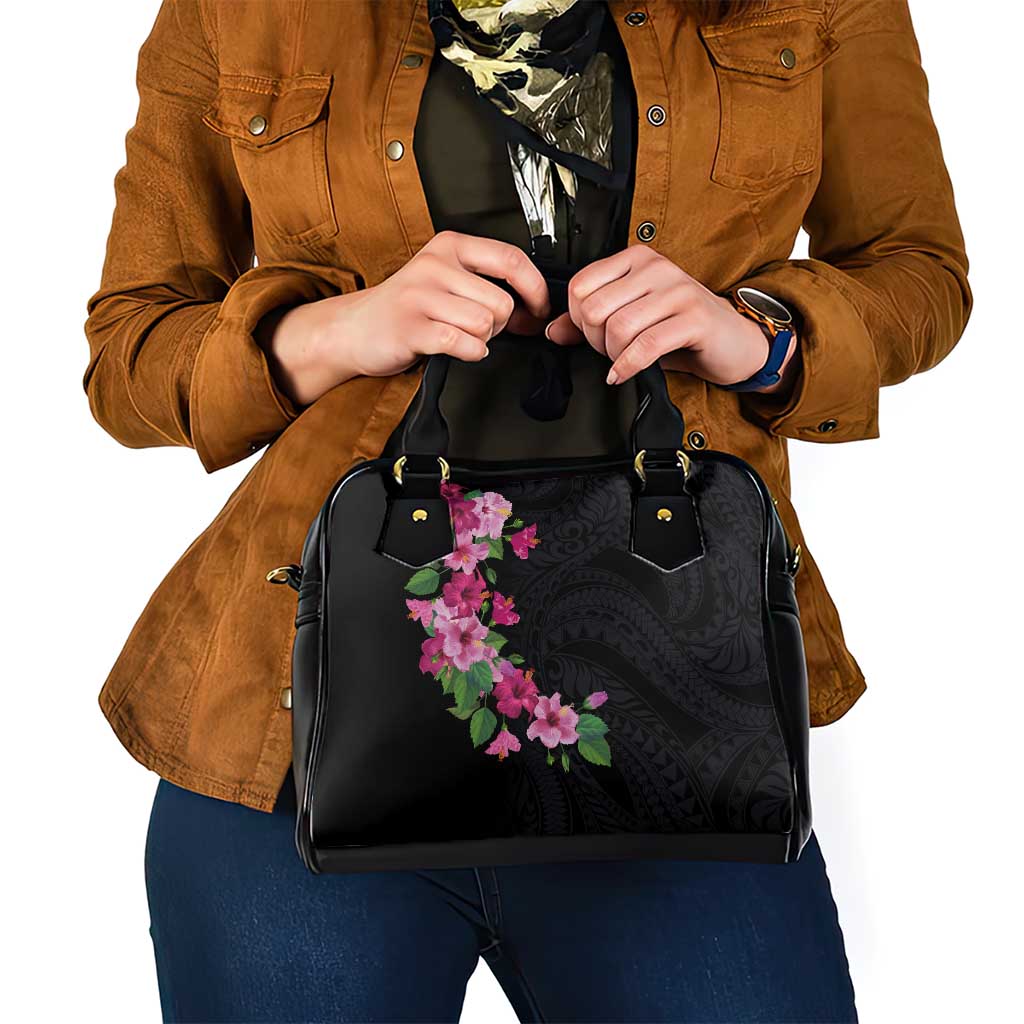 Hawaiian Hibiscus and Art Polynesian Tattoo Shoulder Handbag Black Color