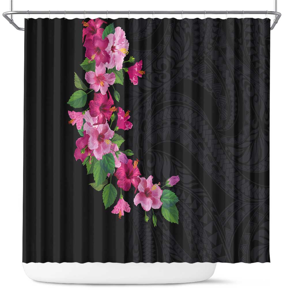 Hawaiian Hibiscus and Art Polynesian Tattoo Shower Curtain Black Color LT03 Black - Polynesian Pride
