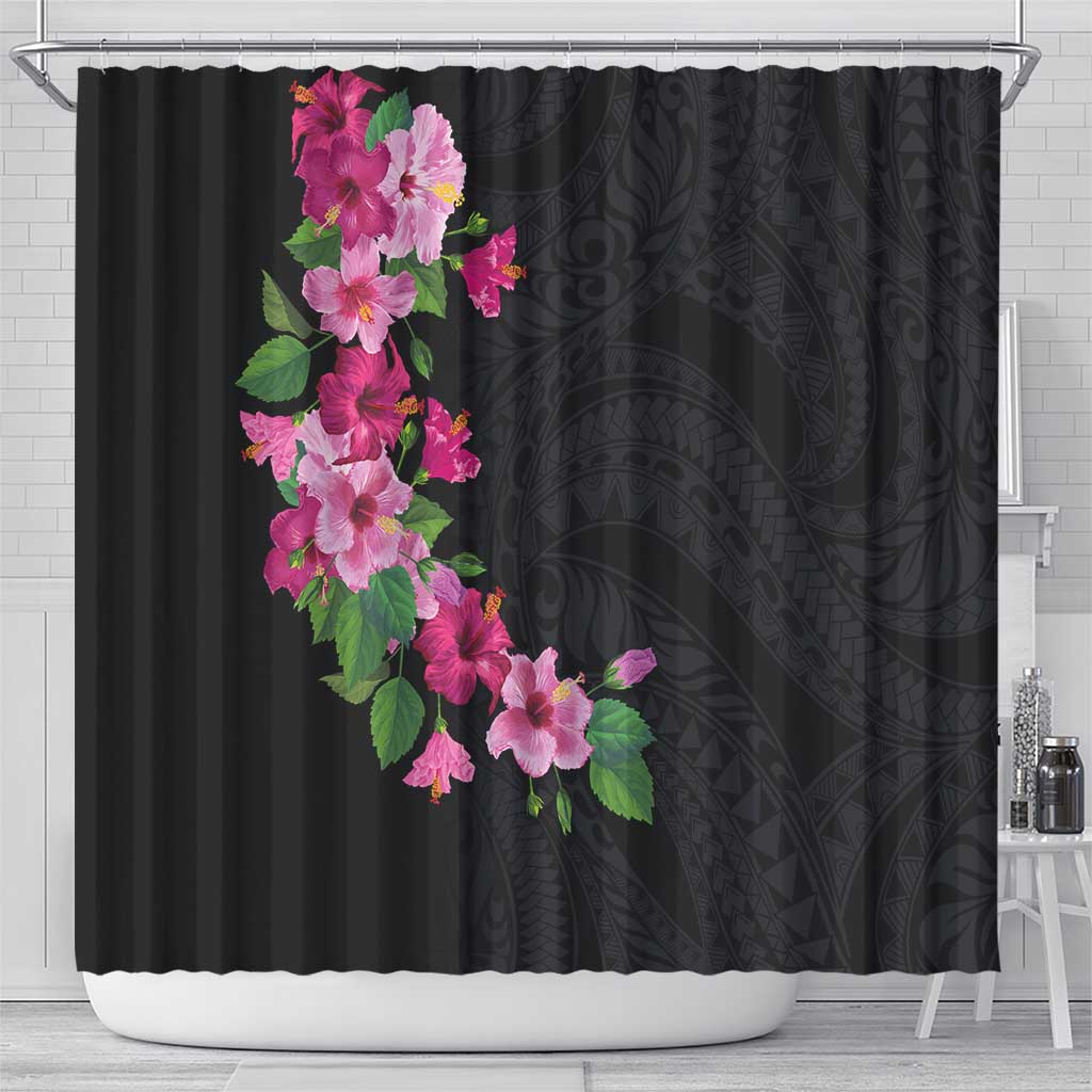 Hawaiian Hibiscus and Art Polynesian Tattoo Shower Curtain Black Color LT03 - Polynesian Pride