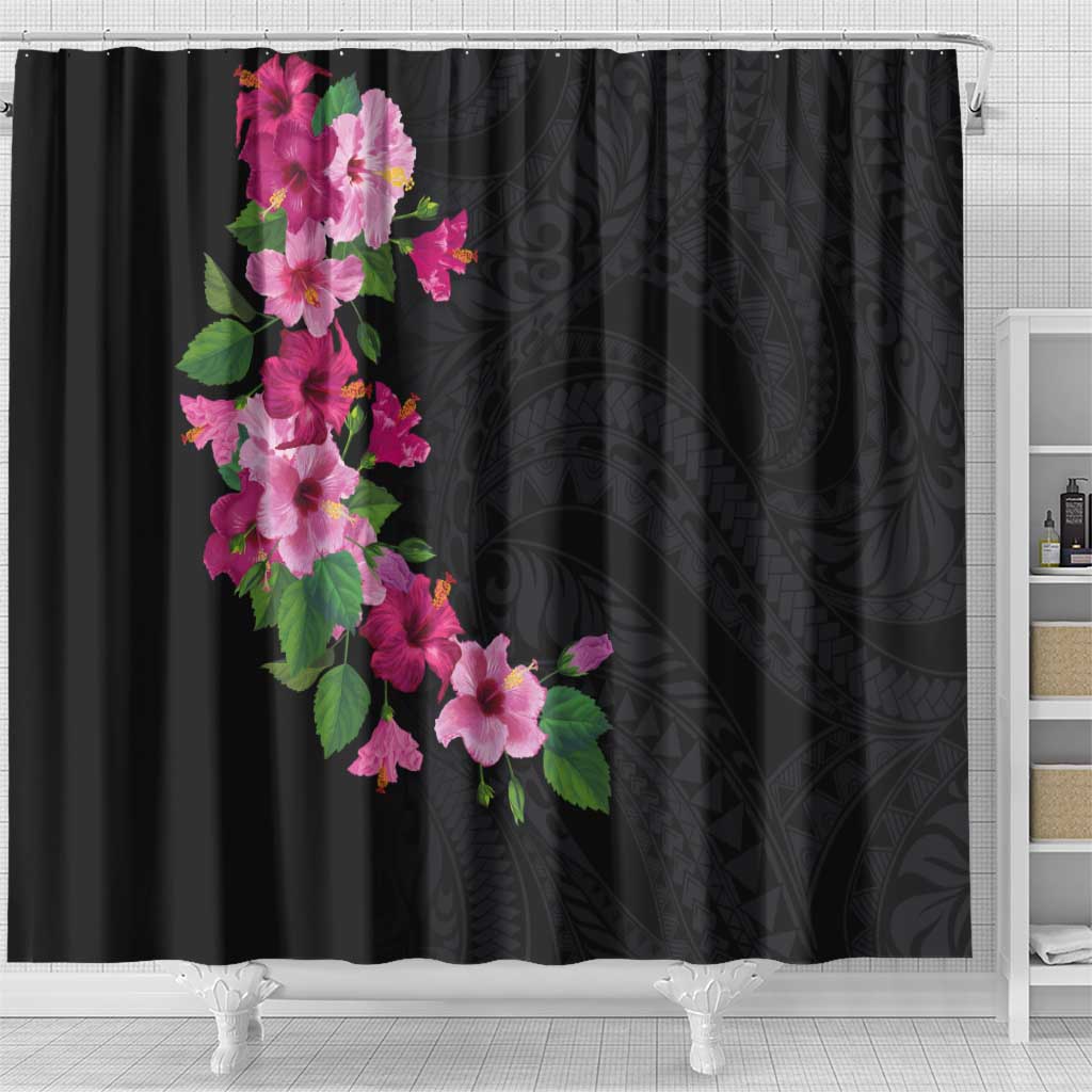 Hawaiian Hibiscus and Art Polynesian Tattoo Shower Curtain Black Color LT03 - Polynesian Pride