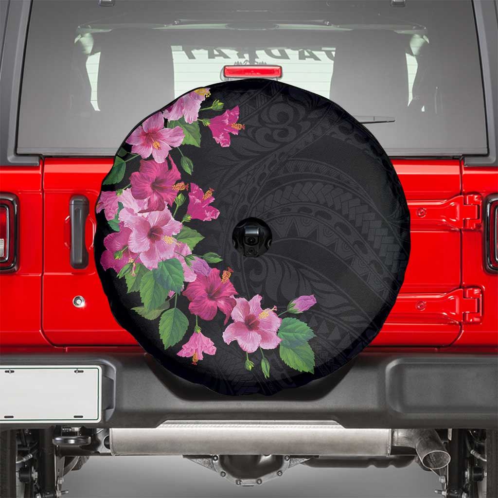 Hawaiian Hibiscus and Art Polynesian Tattoo Spare Tire Cover Black Color