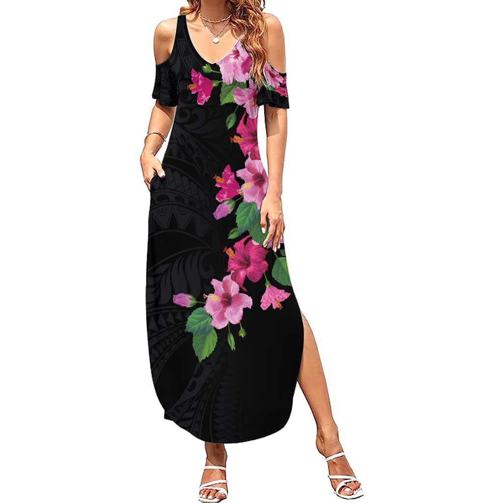 Hawaiian Hibiscus and Art Polynesian Tattoo Summer Maxi Dress Black Color LT03 Women Black - Polynesian Pride