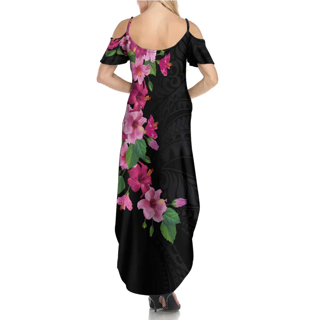 Hawaiian Hibiscus and Art Polynesian Tattoo Summer Maxi Dress Black Color LT03 - Polynesian Pride